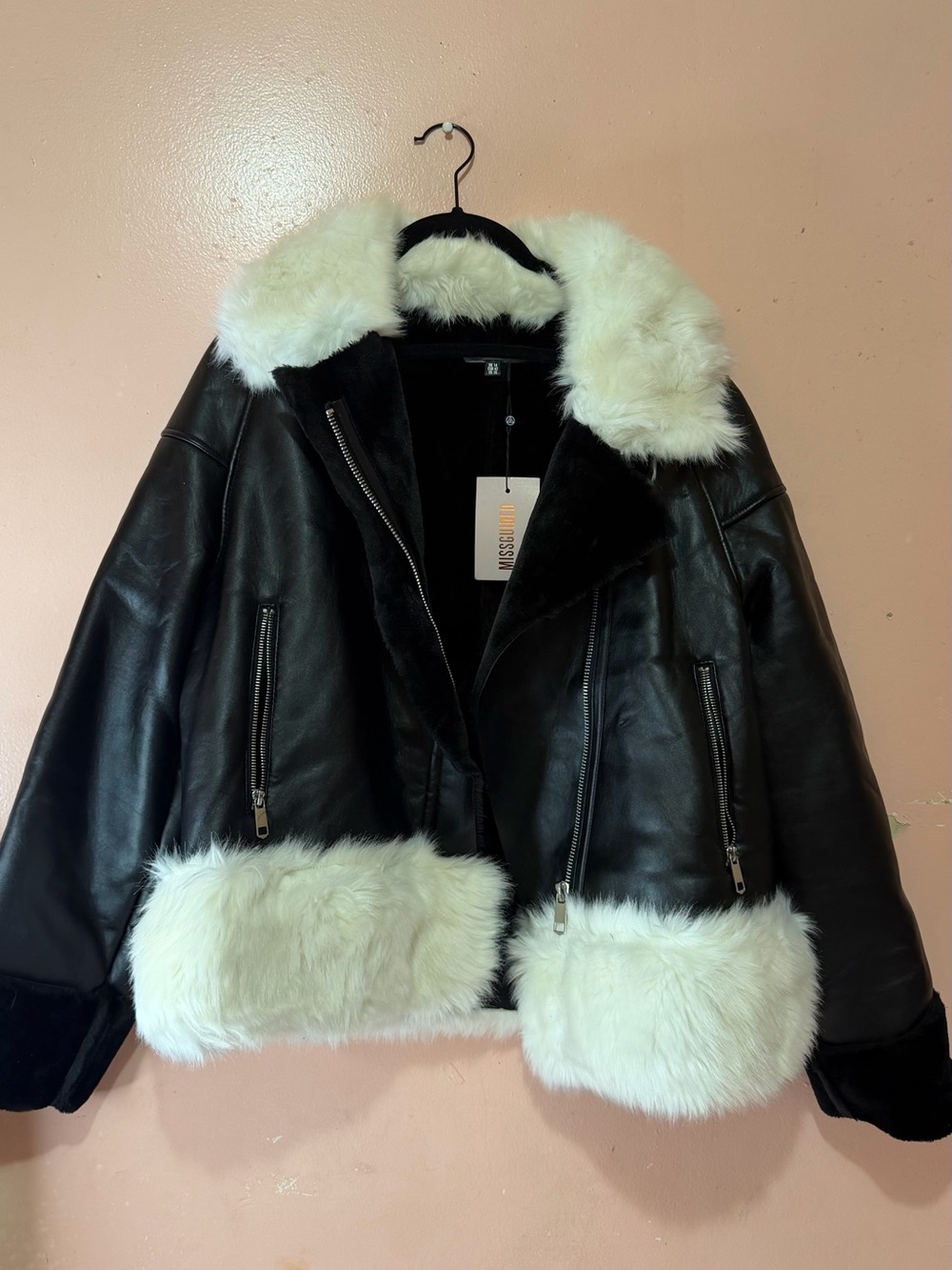 Missguided Black Faux Leather & Fur Mix Aviator Jacket NWT US 10